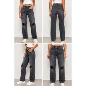 American Eagle Outfitters Women's Black Washed Boot Cut Jeans with Knee Rips